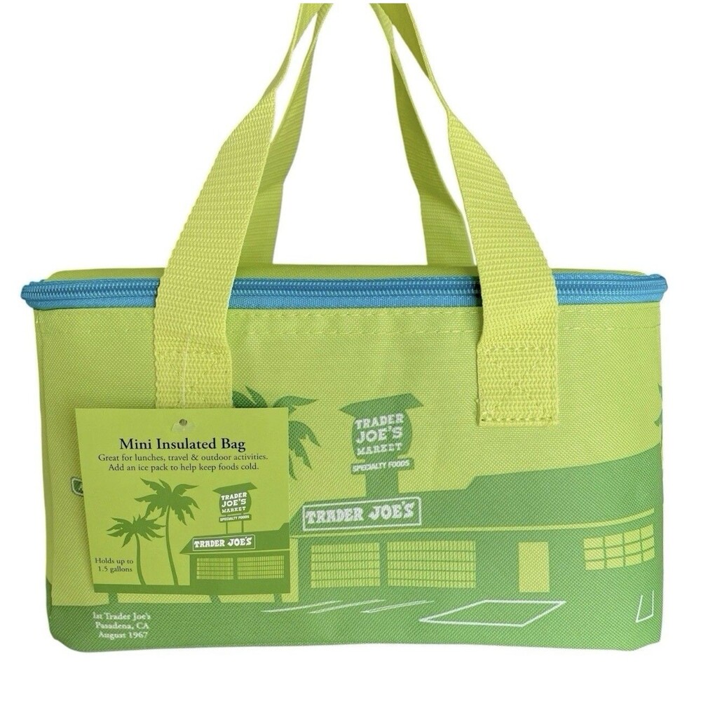 Trader Joes Mini Insulated Tote Bag Lunch Cooler Summer Green Blue Limited NWT
